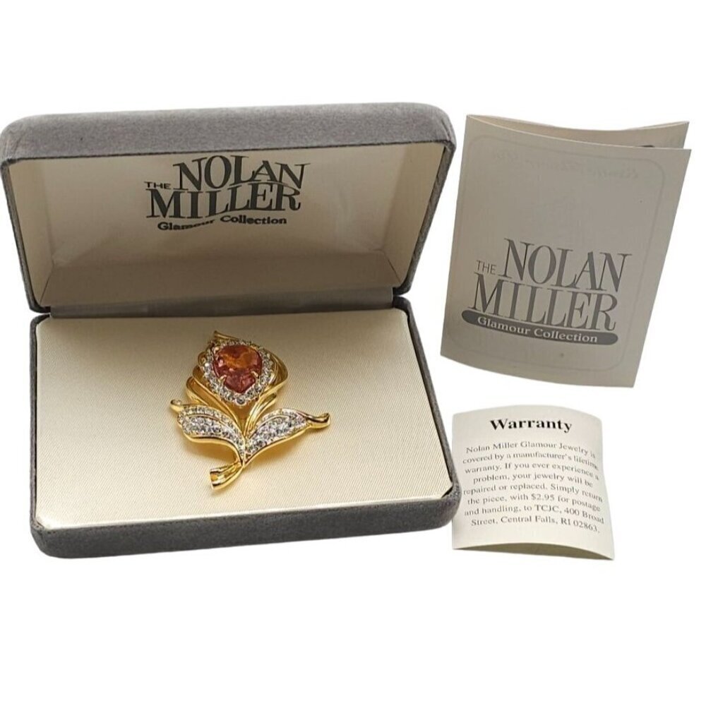 Vintage Nolan Miller Glamour Collection Brooch Peach Rhinestone Flower RARE